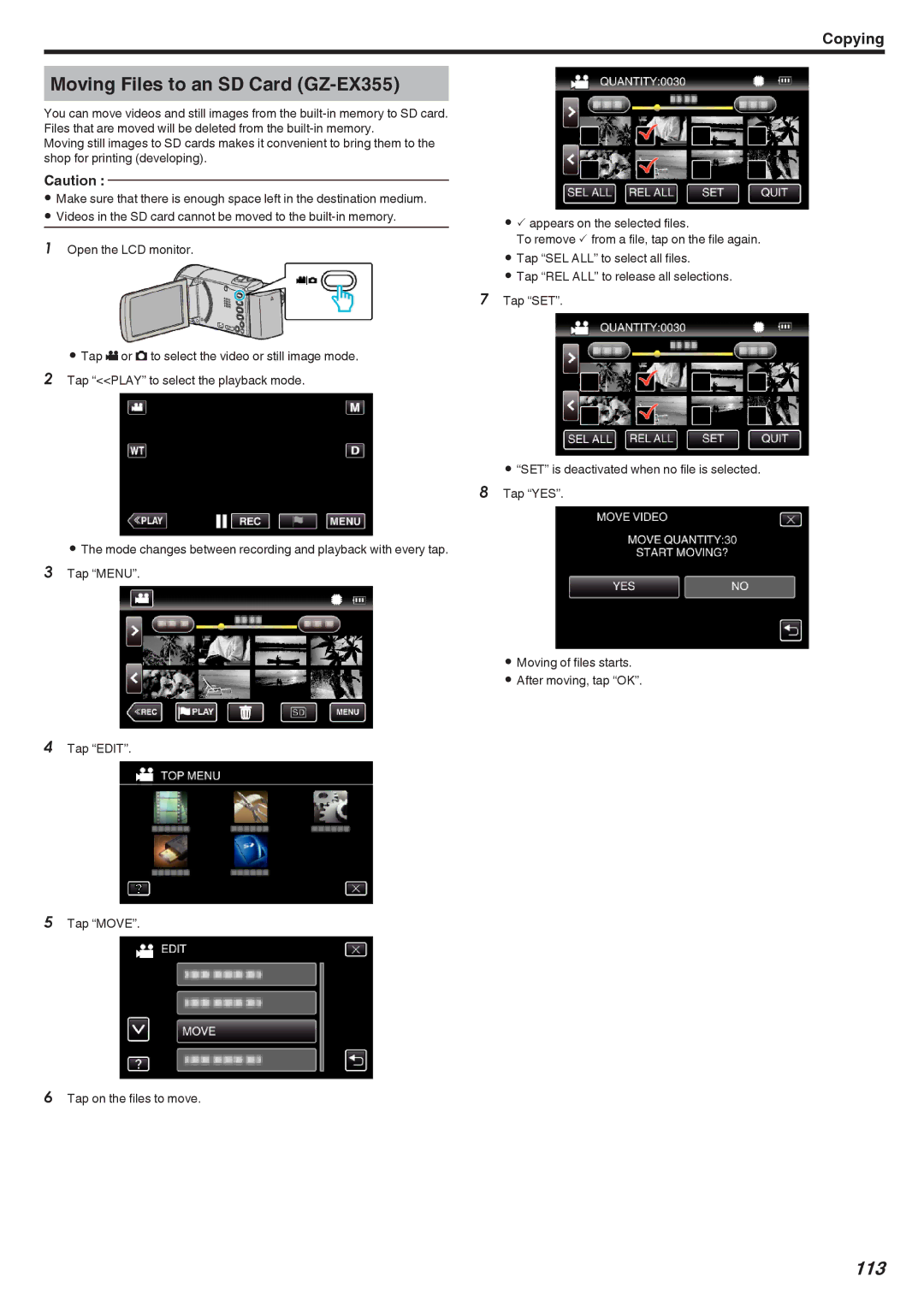 JVC GZ-E300, GZ-EX310 manual Moving Files to an SD Card GZ-EX355, 113 