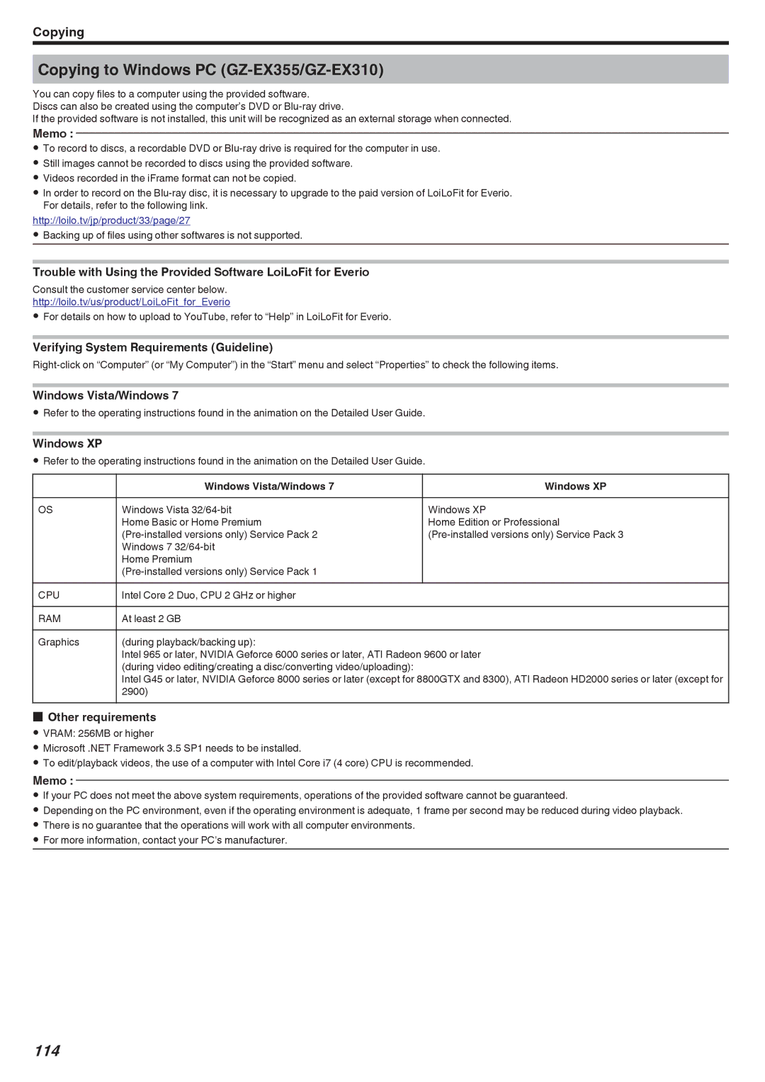 JVC GZ-E300 manual Copying to Windows PC GZ-EX355/GZ-EX310, 114 