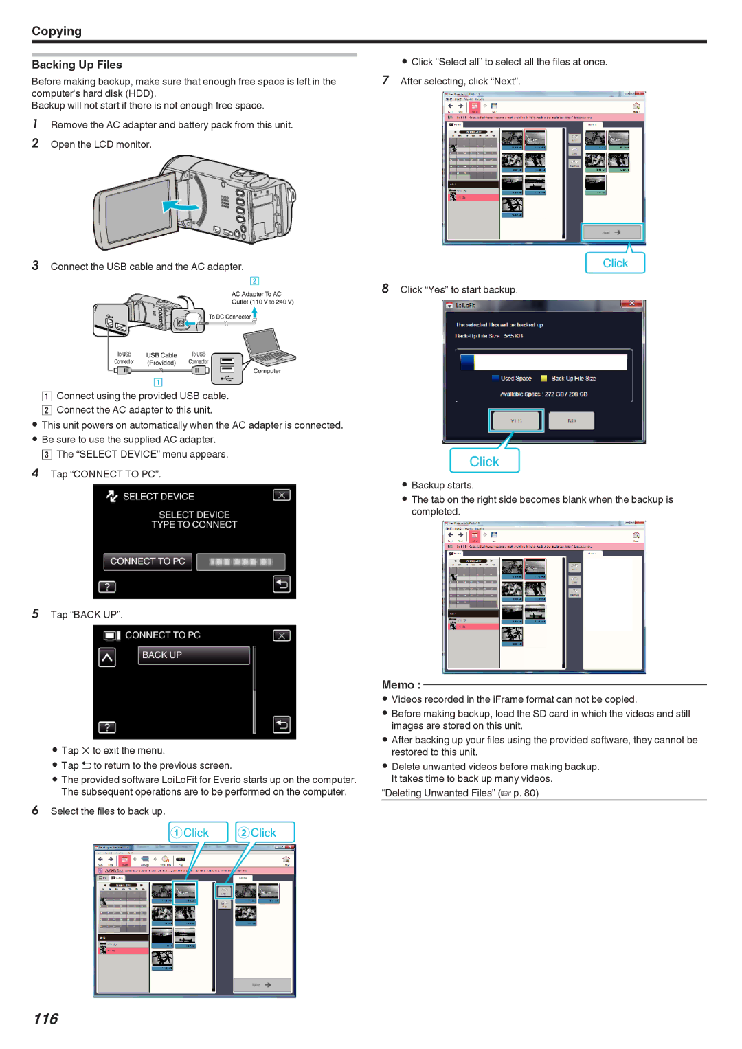 JVC GZ-E300, GZ-EX355, GZ-EX310 manual 116, Backing Up Files, Select the files to back up 