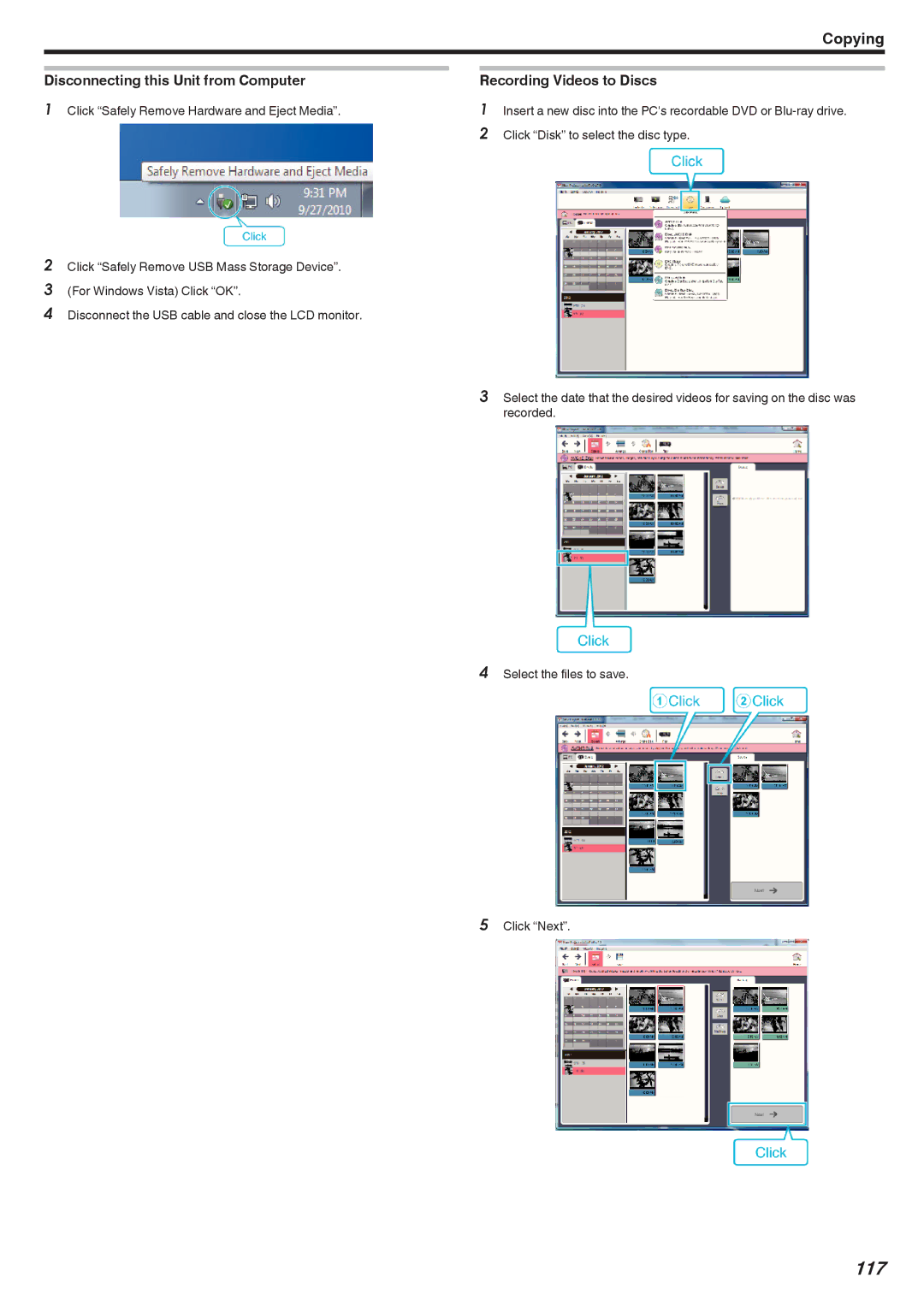 JVC GZ-EX355, GZ-EX310, GZ-E300 manual 117, Disconnecting this Unit from Computer, Recording Videos to Discs 