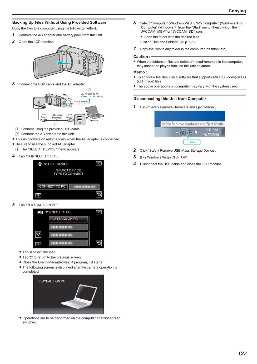 JVC GZ-EX310, GZ-EX355, GZ-E300 manual 127, Backing Up Files Without Using Provided Software 