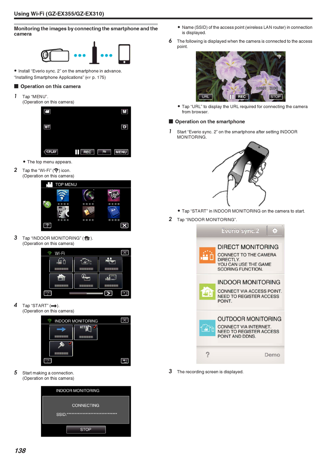 JVC GZ-EX355, GZ-EX310, GZ-E300 manual 138, Operation on this camera, Operation on the smartphone 