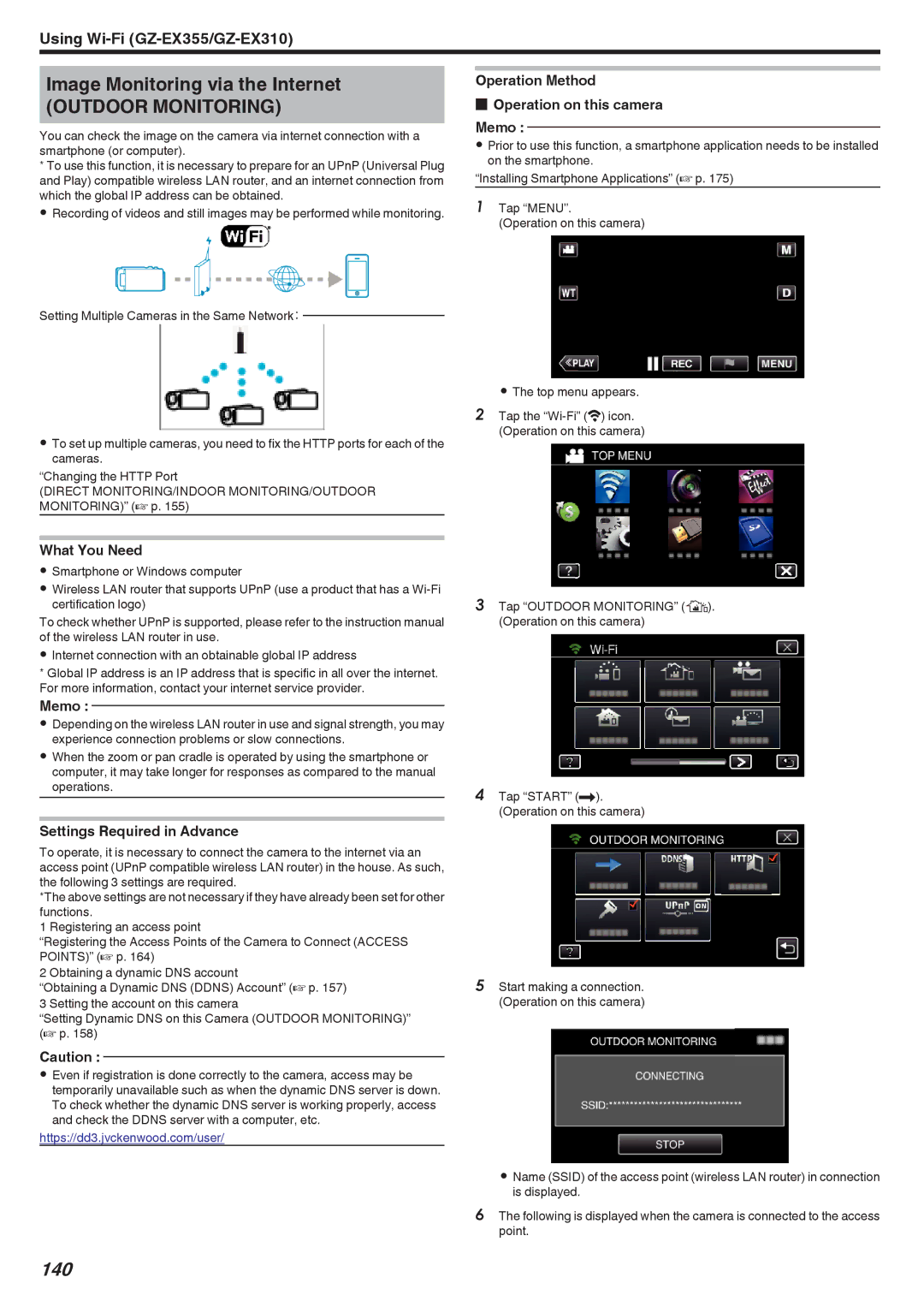 JVC GZ-E300, GZ-EX355, GZ-EX310 manual Image Monitoring via the Internet, 140, Operation Method Operation on this camera Memo 