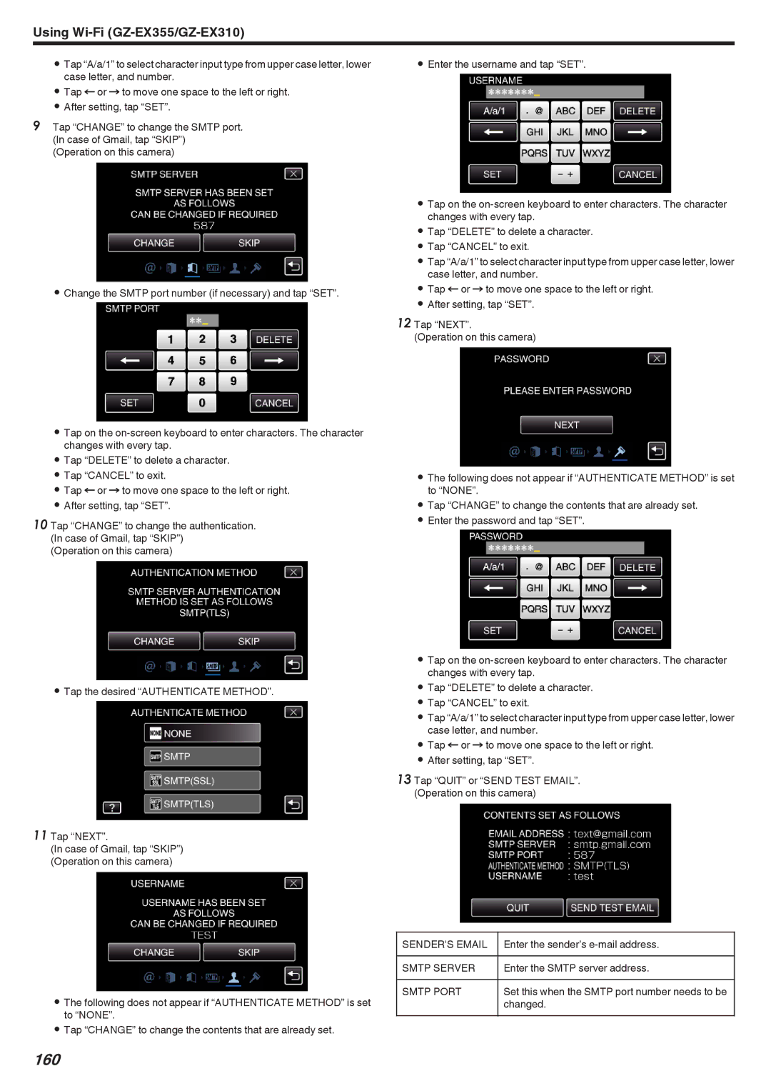 JVC GZ-EX310, GZ-EX355, GZ-E300 manual 160, Senders Email, Smtp Server, Smtp Port 