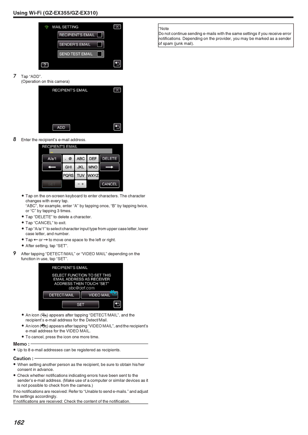 JVC GZ-EX355, GZ-EX310, GZ-E300 manual 162, Memo 