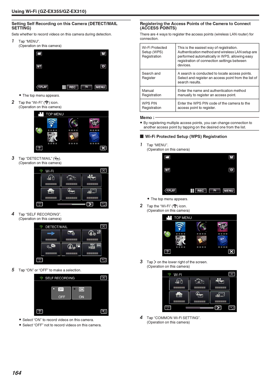 JVC GZ-E300, GZ-EX355, GZ-EX310 manual 164, Setting Self Recording on this Camera DETECT/MAIL Setting, Access Points, Wps Pin 