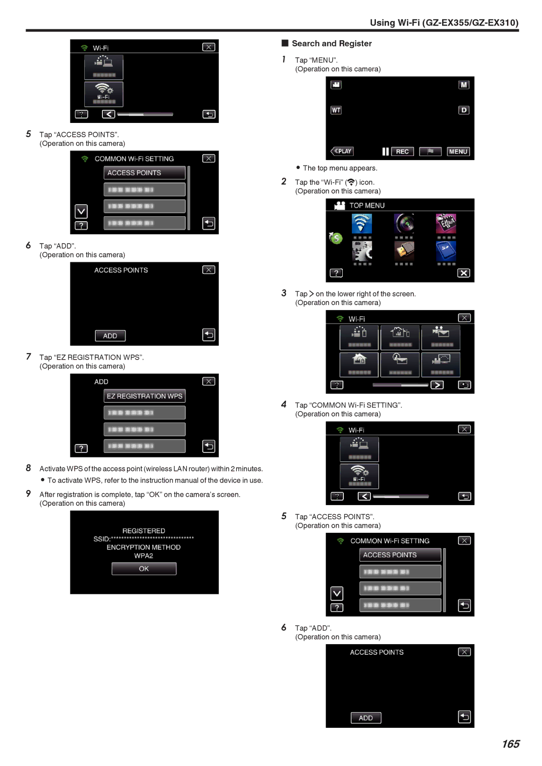 JVC GZ-EX355, GZ-EX310, GZ-E300 manual 165, Search and Register 