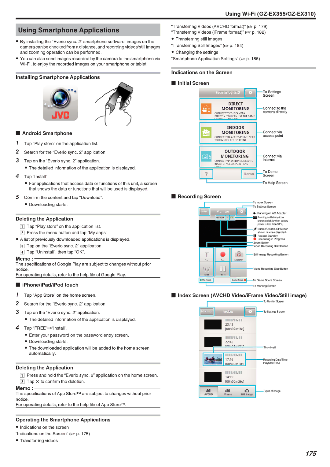 JVC GZ-EX310, GZ-EX355, GZ-E300 Using Smartphone Applications, 175, Installing Smartphone Applications Android Smartphone 