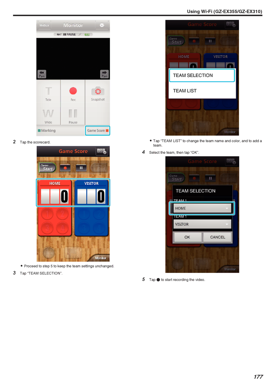 JVC GZ-EX355, GZ-EX310, GZ-E300 manual 177, Tap the scorecard, Team, Select the team, then tap OK 