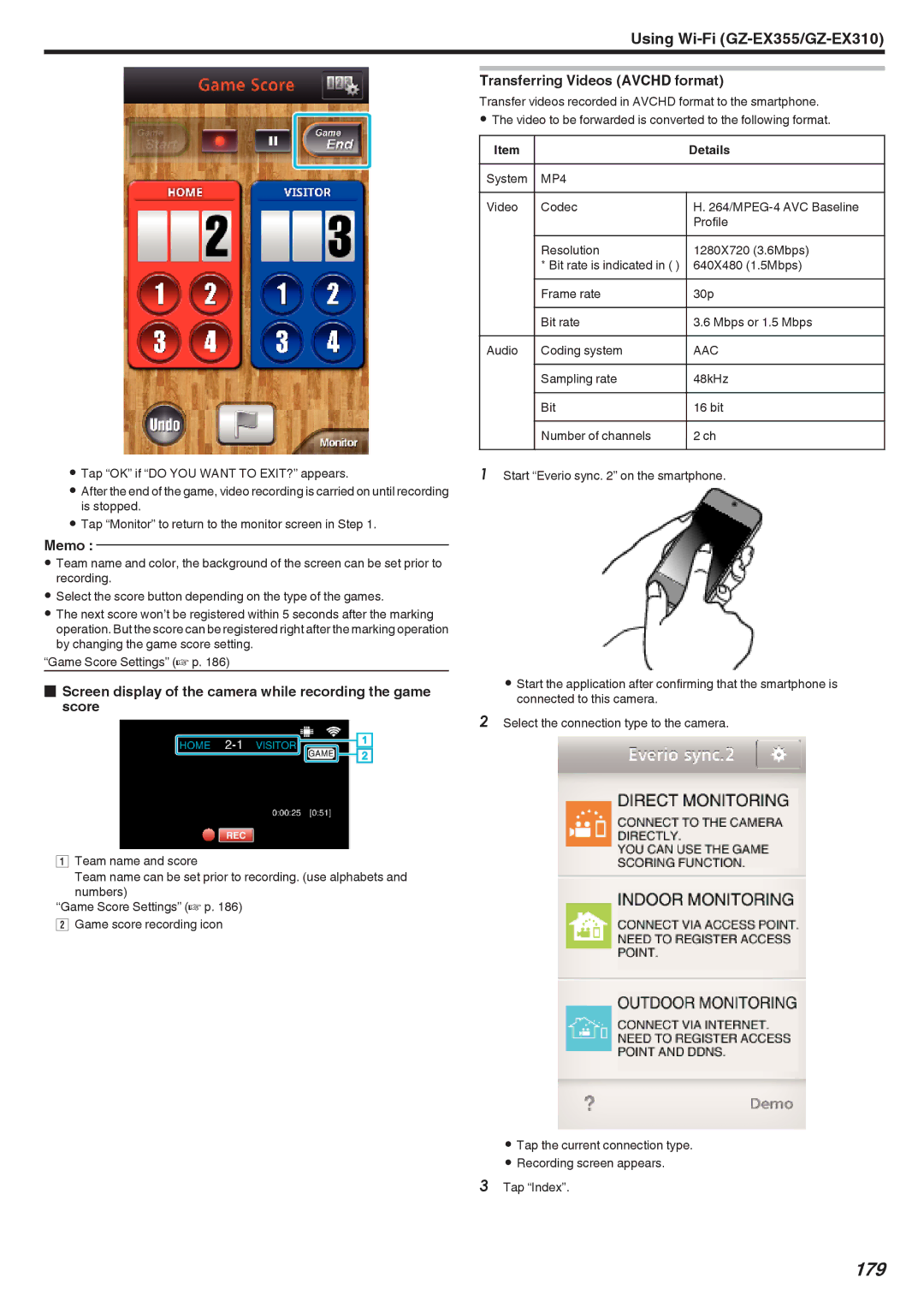 JVC GZ-E300 179, Screen display of the camera while recording the game score, Transferring Videos Avchd format, MP4, Aac 