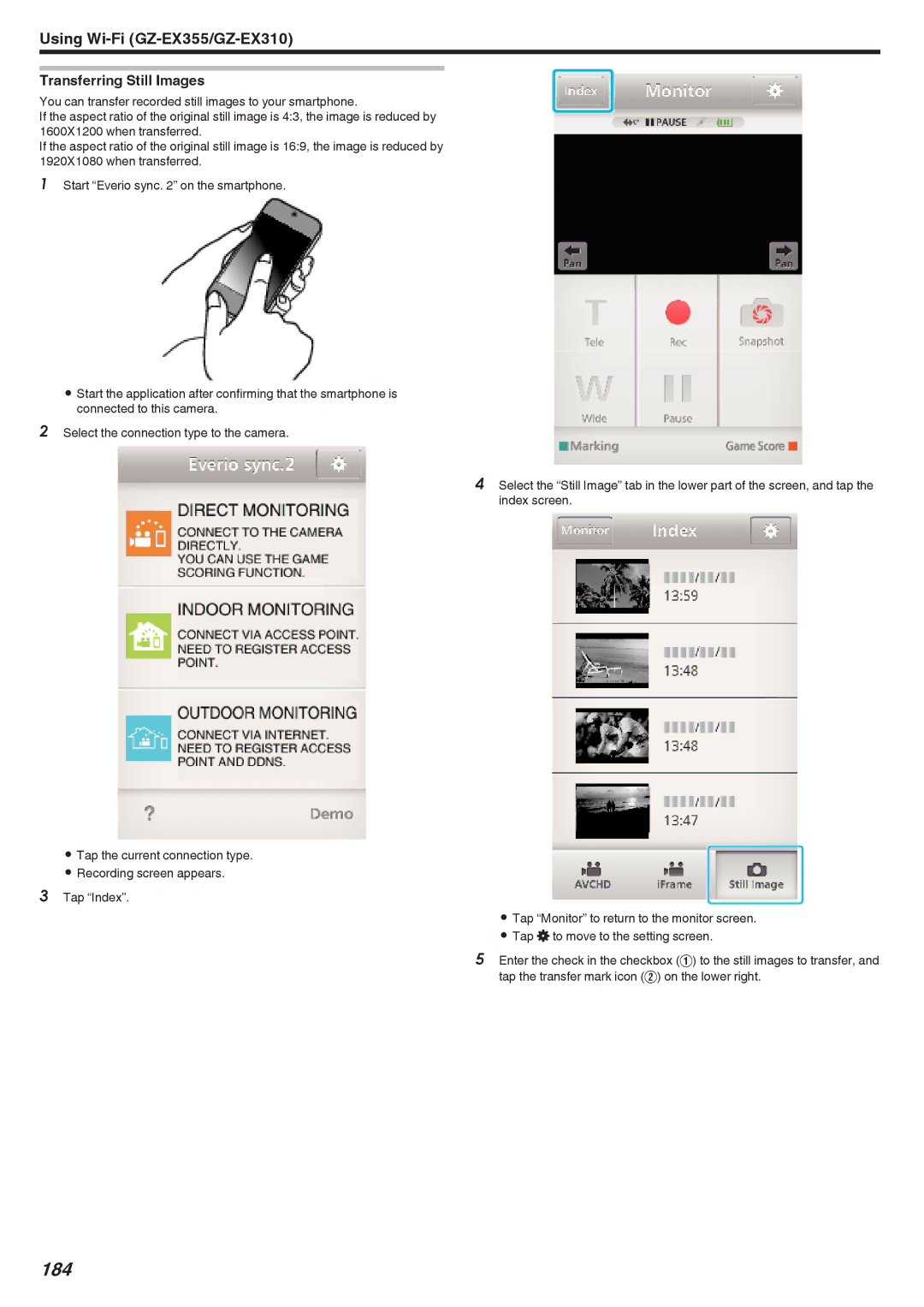 JVC GZ-EX310, GZ-EX355, GZ-E300 manual 184, Transferring Still Images 