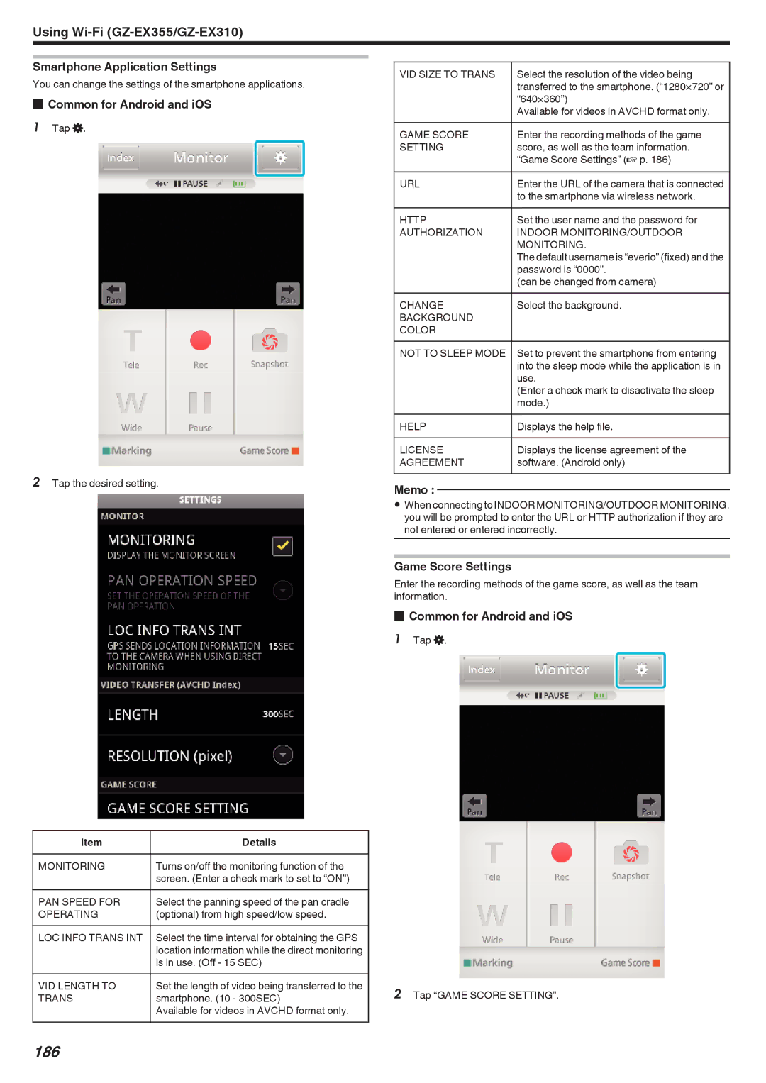 JVC GZ-EX355, GZ-EX310, GZ-E300 manual 186, Smartphone Application Settings, Game Score Settings 