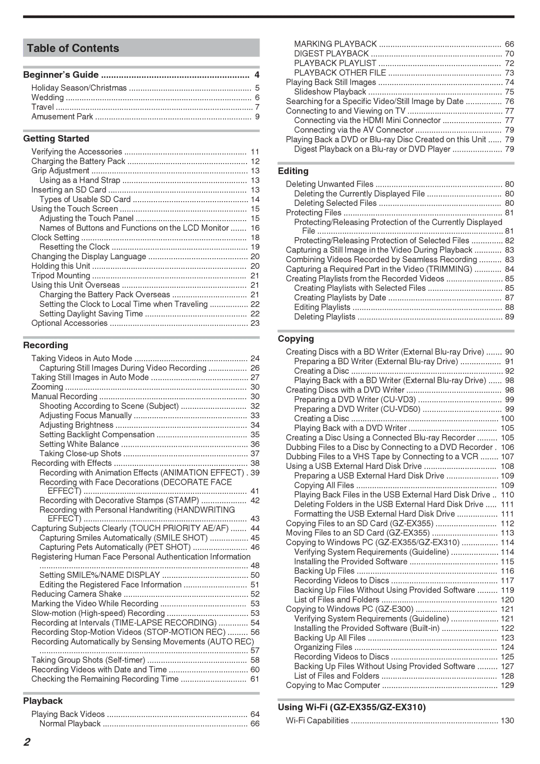 JVC GZ-E300, GZ-EX355, GZ-EX310 manual Table of Contents 