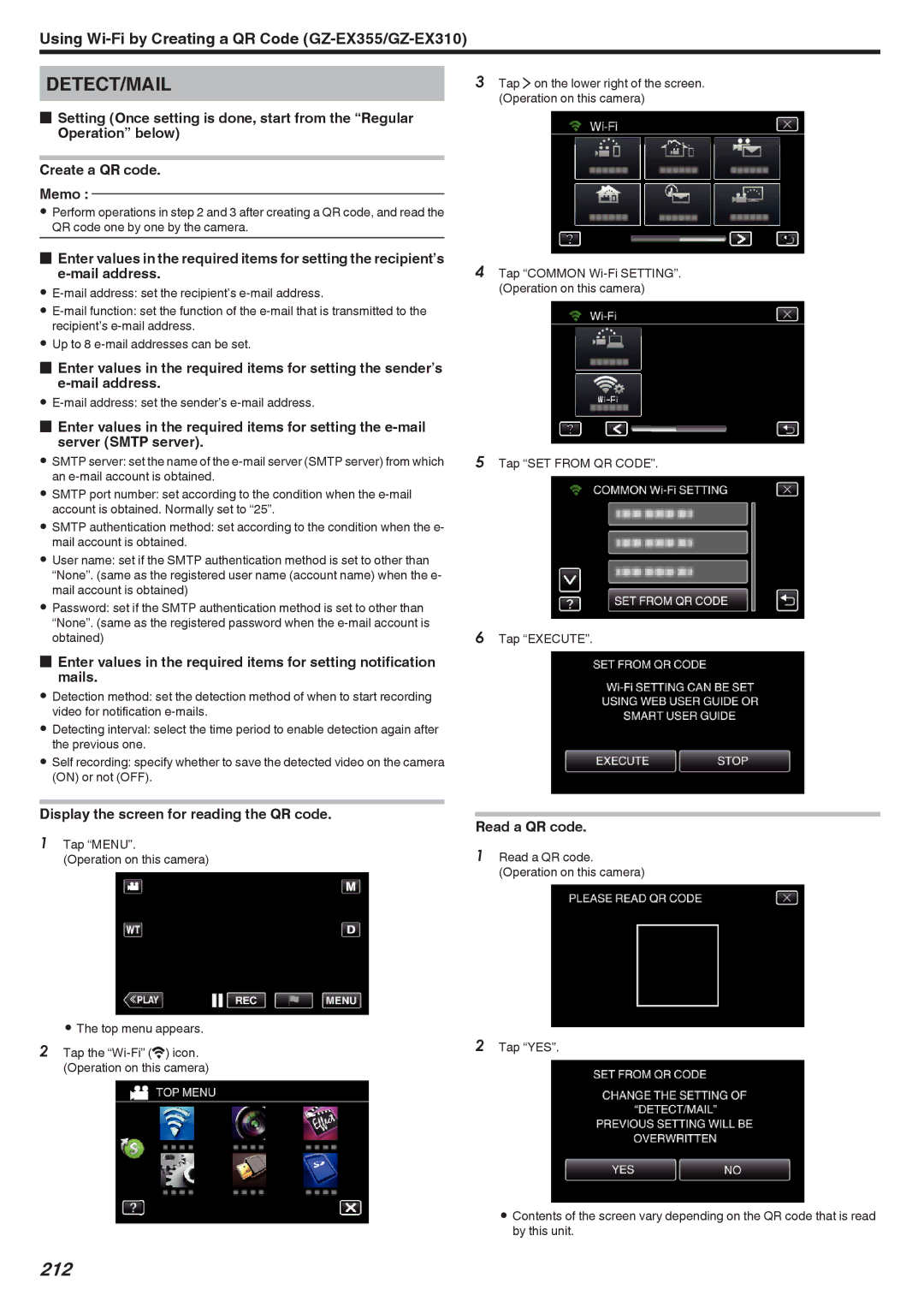 JVC GZ-E300, GZ-EX355, GZ-EX310 manual 212, Mail address set the sender’s e-mail address 