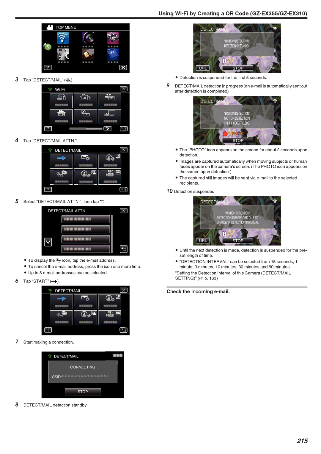 JVC GZ-E300, GZ-EX355, GZ-EX310 manual 215, Check the incoming e-mail 