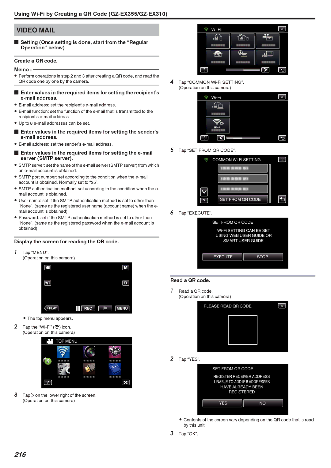 JVC GZ-EX355, GZ-EX310, GZ-E300 manual 216, Mail address set the sender’s e-mail address 