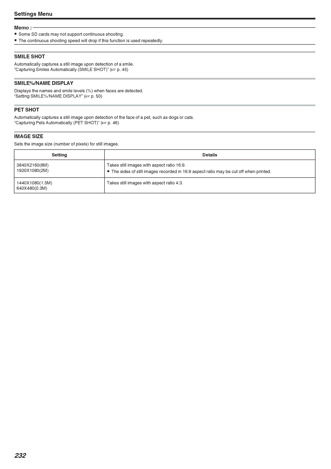 JVC GZ-EX310, GZ-EX355, GZ-E300 manual 232, Image Size, Sets the image size number of pixels for still images 