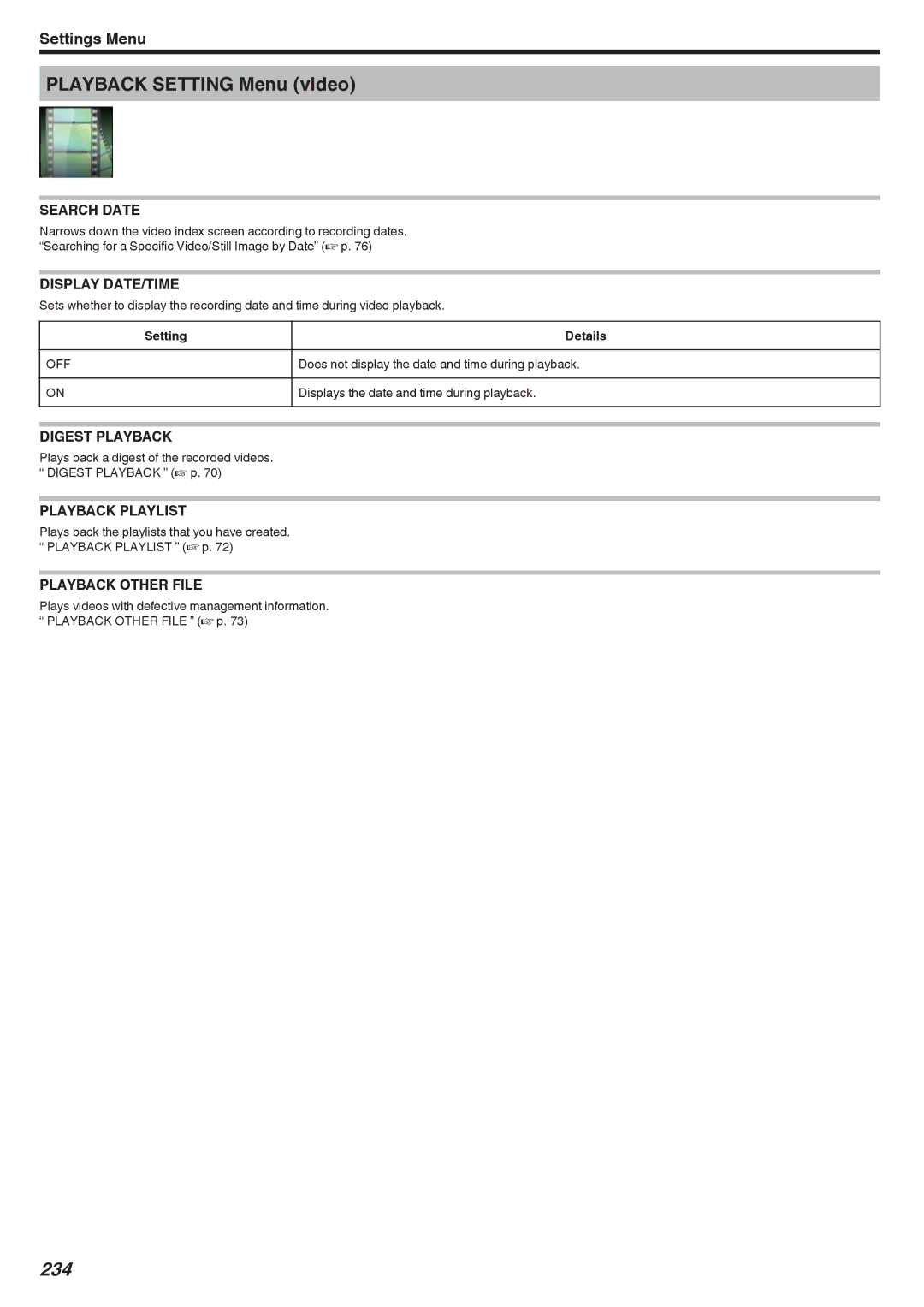 JVC GZ-EX355, GZ-EX310, GZ-E300 manual Playback Setting Menu video, 234, Search Date, Display DATE/TIME 