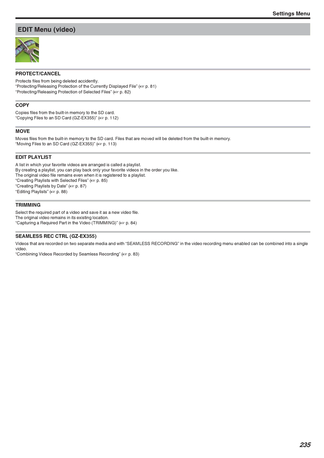 JVC GZ-EX310, GZ-EX355, GZ-E300 manual Edit Menu video, 235 
