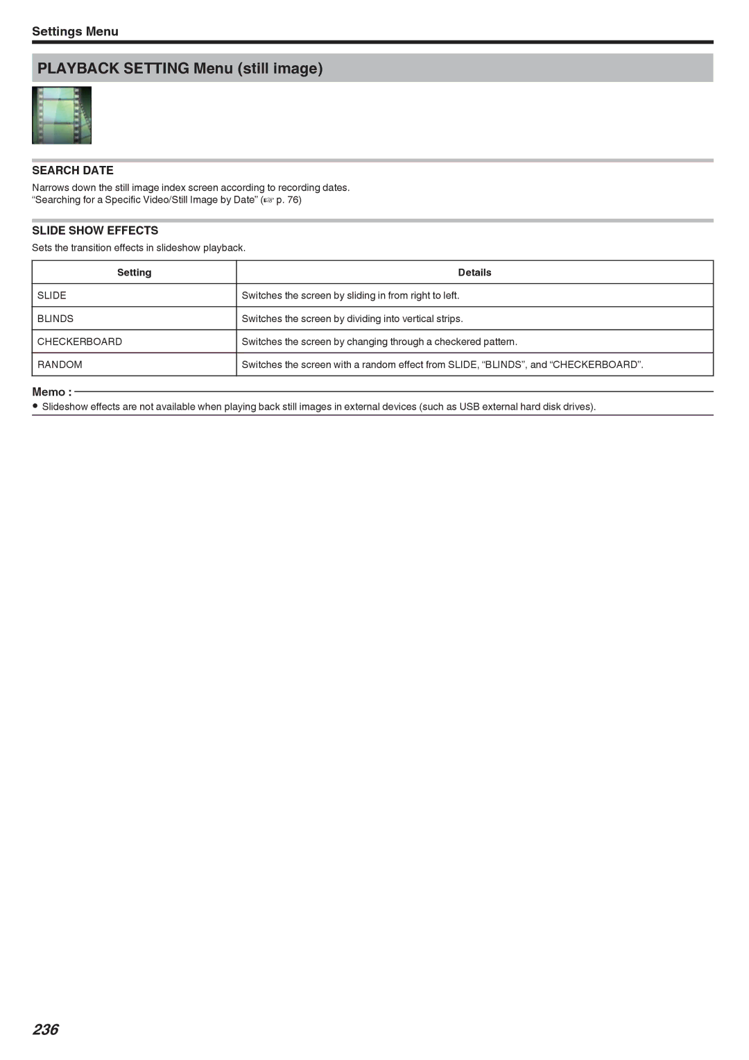 JVC GZ-E300, GZ-EX355, GZ-EX310 manual Playback Setting Menu still image, 236, Slide Show Effects 