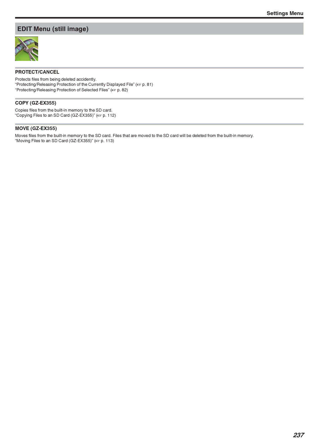 JVC GZ-EX310, GZ-E300 manual Edit Menu still image, 237, Copy GZ-EX355, Move GZ-EX355 