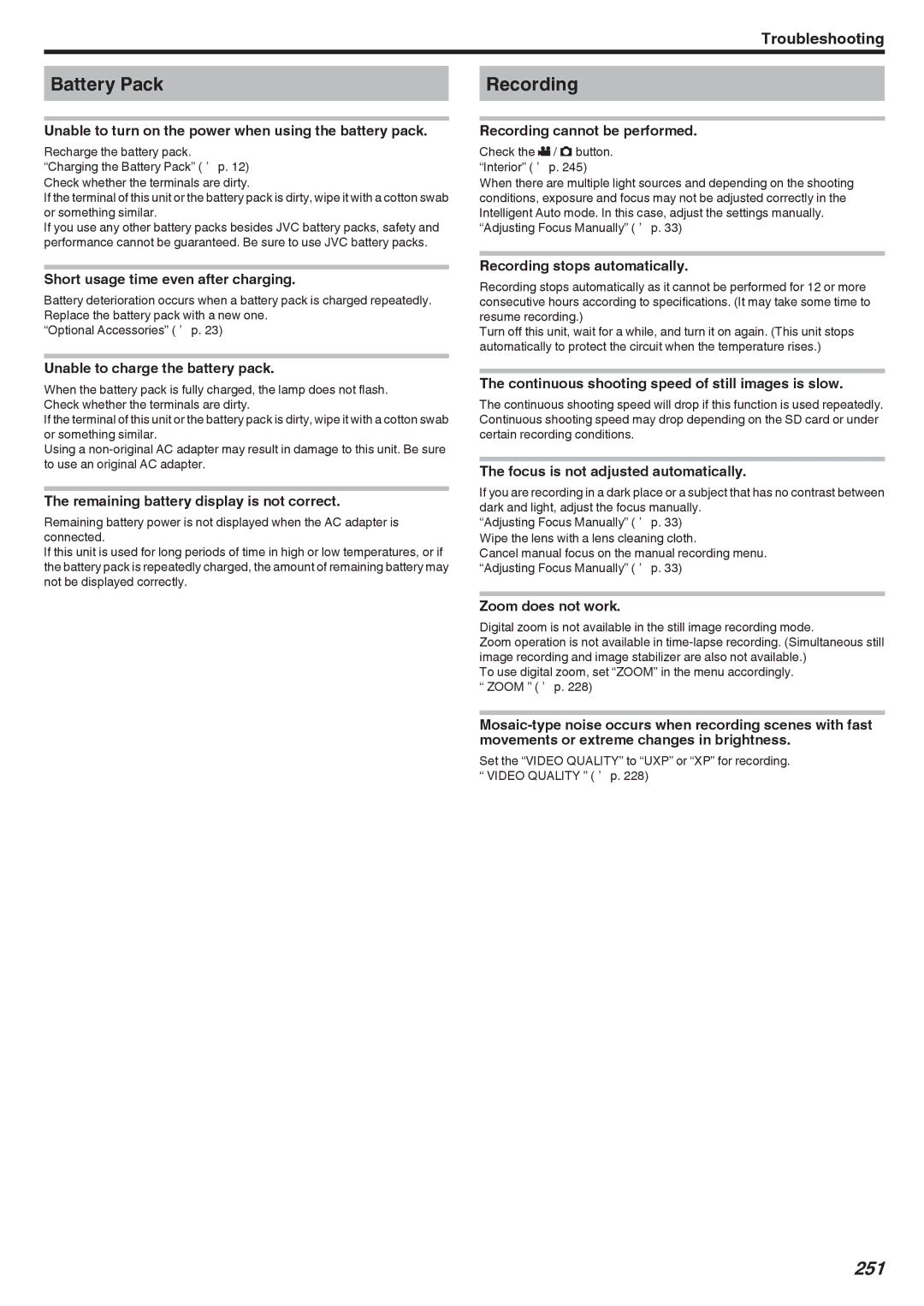 JVC GZ-E300, GZ-EX355, GZ-EX310 manual Battery Pack, Recording, 251 