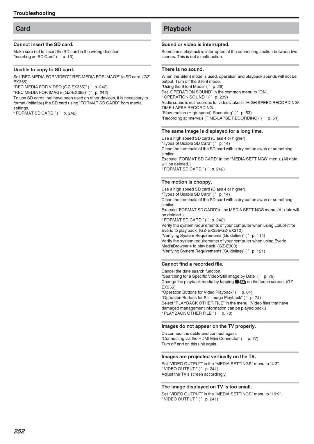 JVC GZ-EX355, GZ-EX310, GZ-E300 manual Card, Playback, 252 