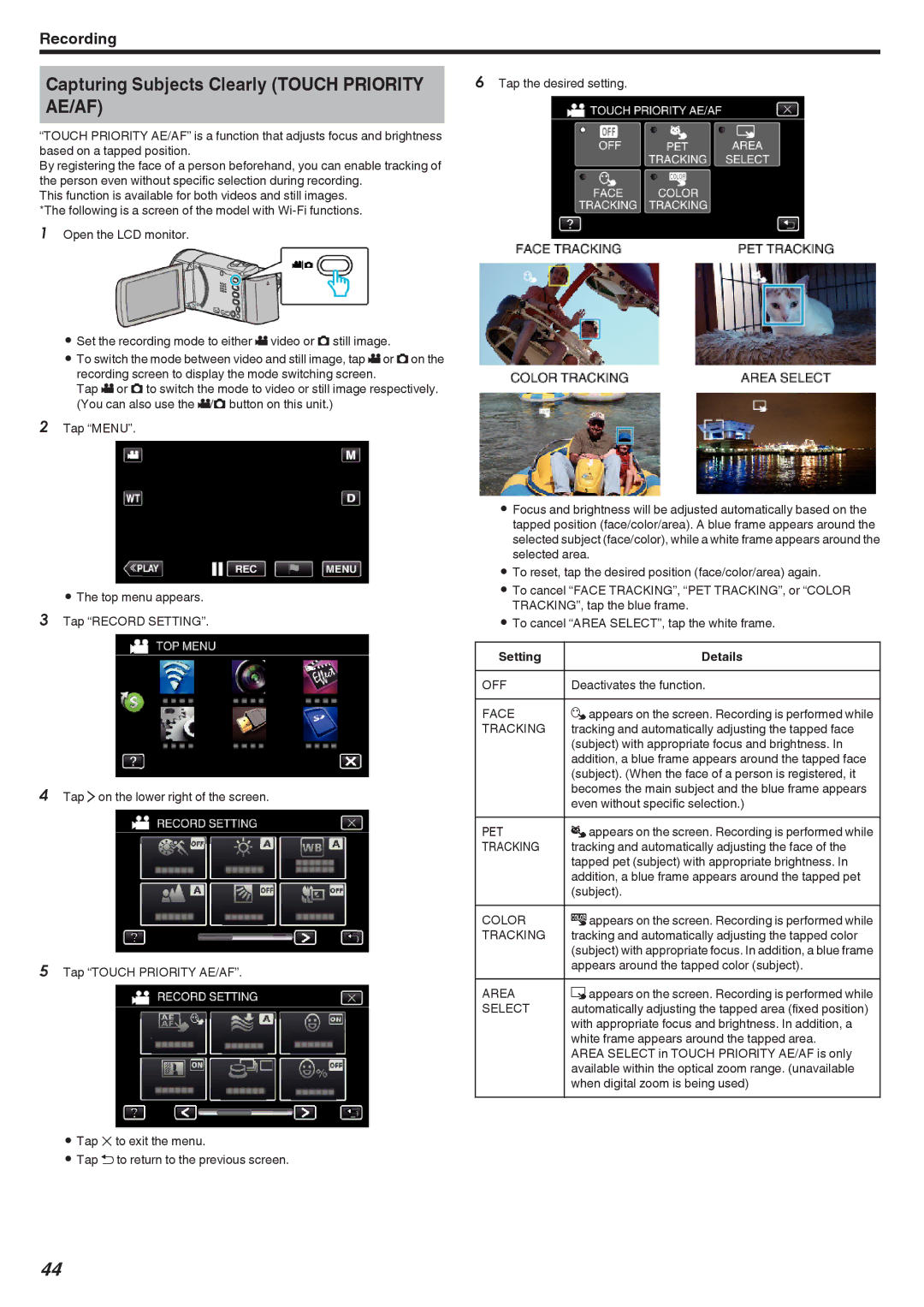 JVC GZ-E300, GZ-EX355, GZ-EX310 manual Capturing Subjects Clearly Touch Priority AE/AF 