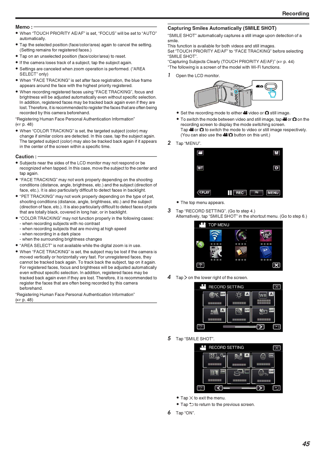 JVC GZ-EX355, GZ-EX310, GZ-E300 manual Capturing Smiles Automatically Smile Shot 