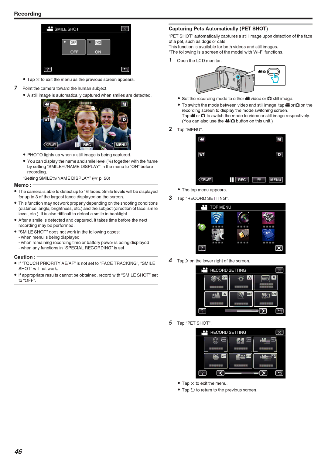 JVC GZ-EX310, GZ-EX355, GZ-E300 manual Capturing Pets Automatically PET Shot 