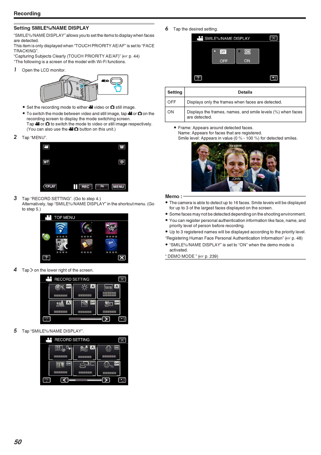 JVC GZ-E300, GZ-EX355, GZ-EX310 Setting SMILE%/NAME Display, Displays only the frames when faces are detected, Are detected 