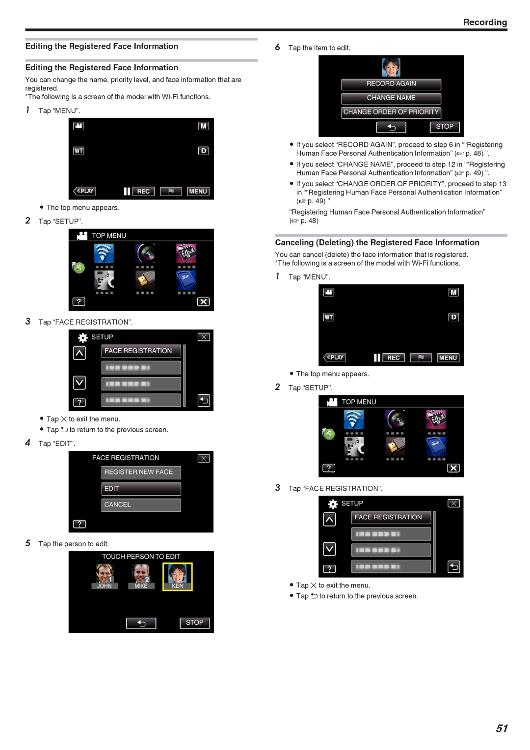 JVC GZ-EX355, GZ-EX310, GZ-E300 Editing the Registered Face Information, Canceling Deleting the Registered Face Information 