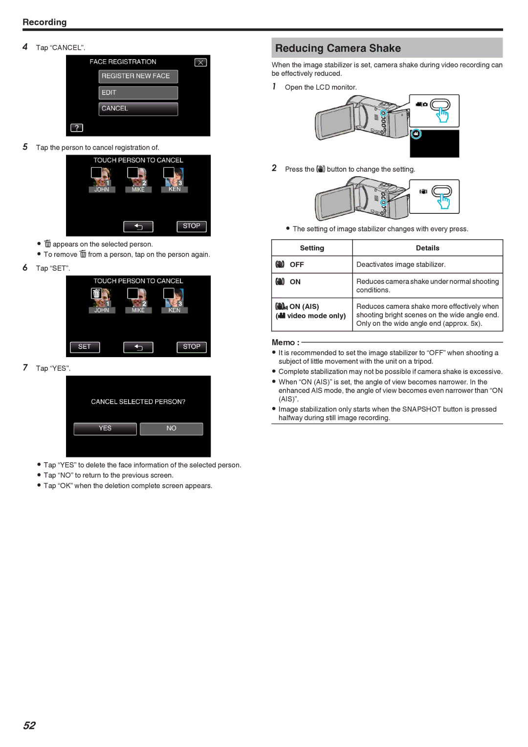 JVC GZ-EX310, GZ-EX355, GZ-E300 manual Reducing Camera Shake 