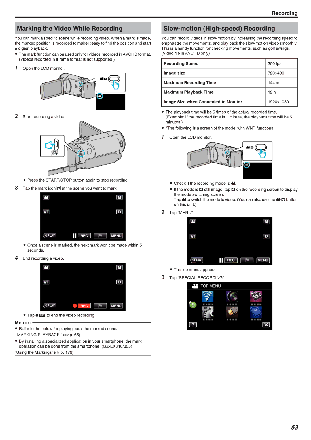 JVC GZ-E300, GZ-EX355, GZ-EX310 manual Marking the Video While Recording, Slow-motion High-speed Recording 