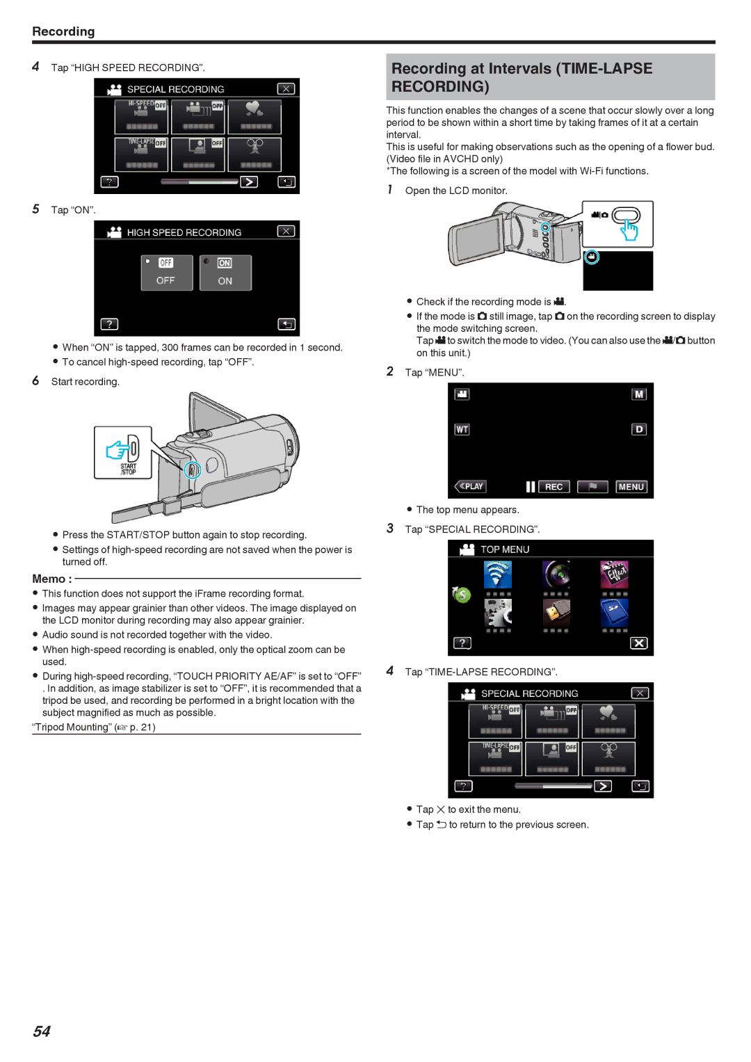 JVC GZ-EX355, GZ-EX310, GZ-E300 manual Recording at Intervals TIME-LAPSE Recording, Tap High Speed Recording 