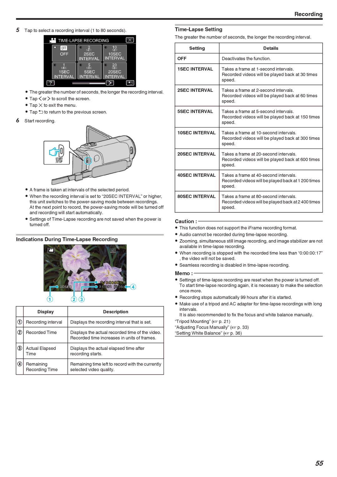 JVC GZ-EX310, GZ-EX355, GZ-E300 manual Indications During Time-Lapse Recording, Time-Lapse Setting, Display Description 