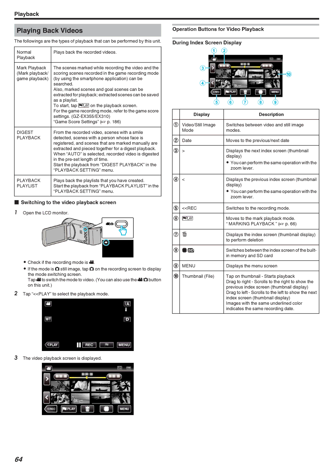 JVC GZ-EX310, GZ-EX355, GZ-E300 manual Playing Back Videos, Switching to the video playback screen 