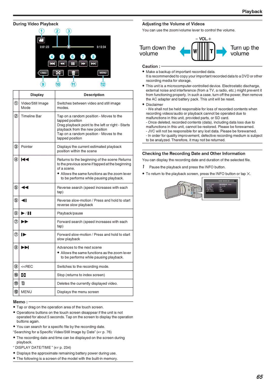 JVC GZ-E300 manual During Video Playback, Adjusting the Volume of Videos, Checking the Recording Date and Other Information 