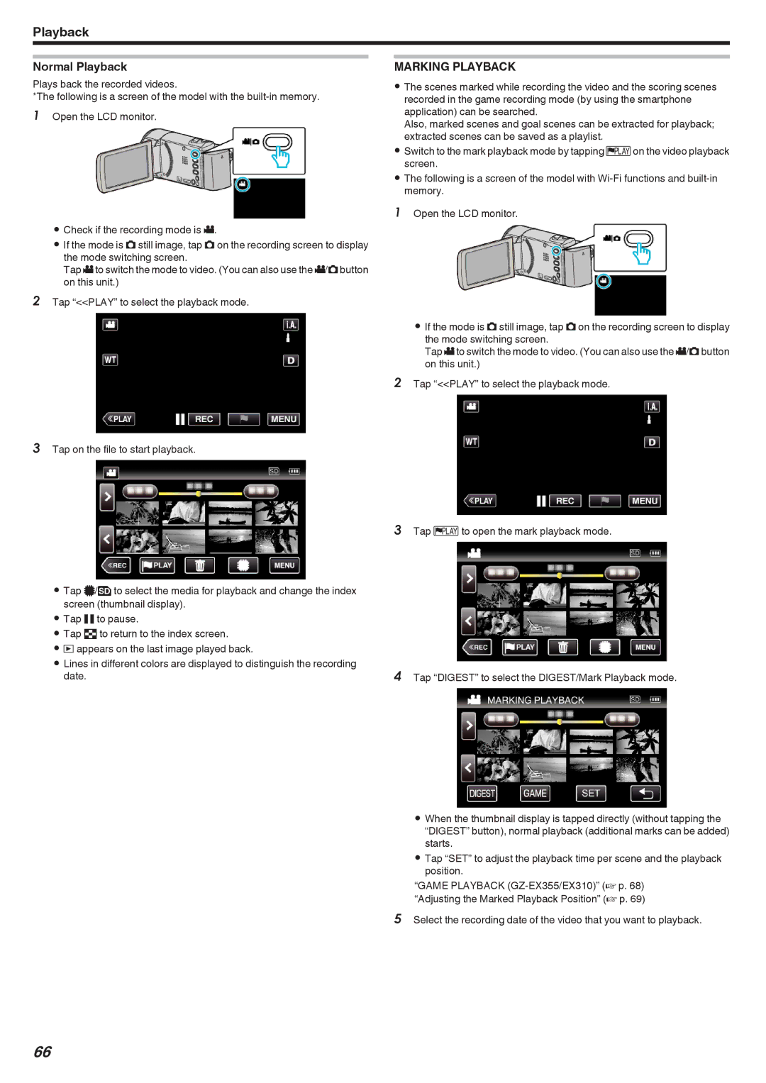 JVC GZ-EX355, GZ-EX310, GZ-E300 manual Normal Playback, Marking Playback 