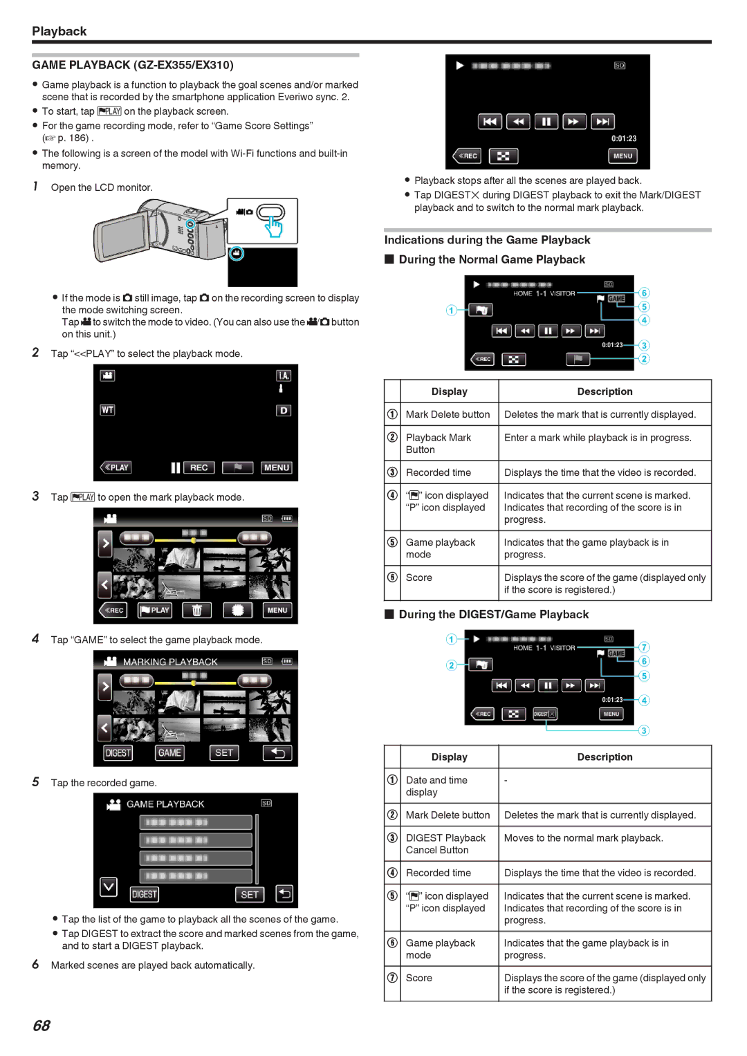 JVC GZ-E300, GZ-EX310 manual Game Playback GZ-EX355/EX310, During the DIGEST/Game Playback 