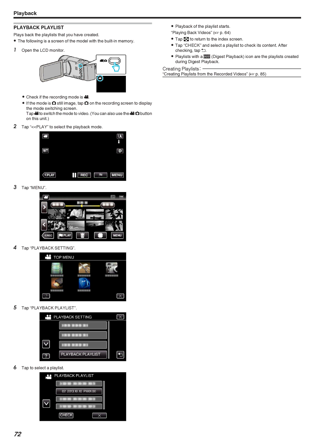 JVC GZ-EX355, GZ-EX310, GZ-E300 manual Playback Playlist, Creating Playlists from the Recorded Videos a p 