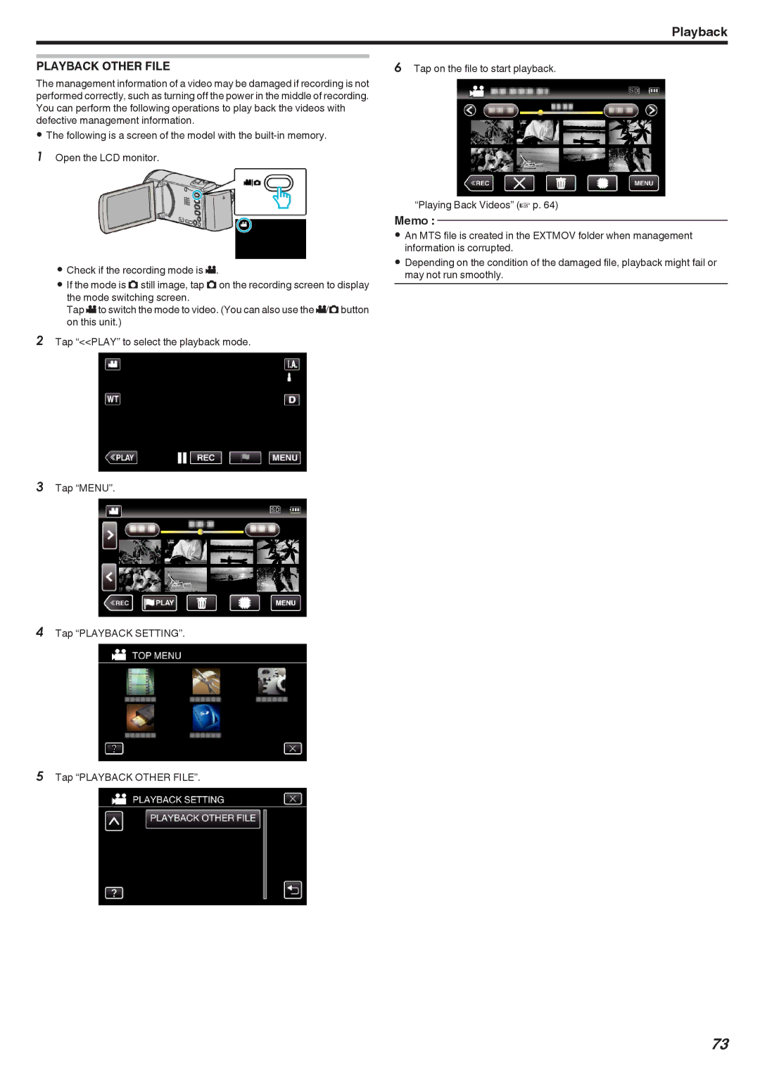 JVC GZ-EX310, GZ-EX355, GZ-E300 manual Playback Other File, Memo 