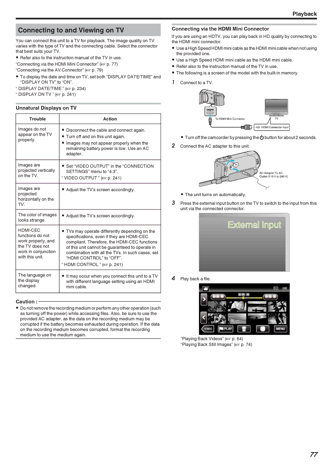 JVC GZ-E300 Connecting to and Viewing on TV, Unnatural Displays on TV, Connecting via the Hdmi Mini Connector, Hdmi-Cec 