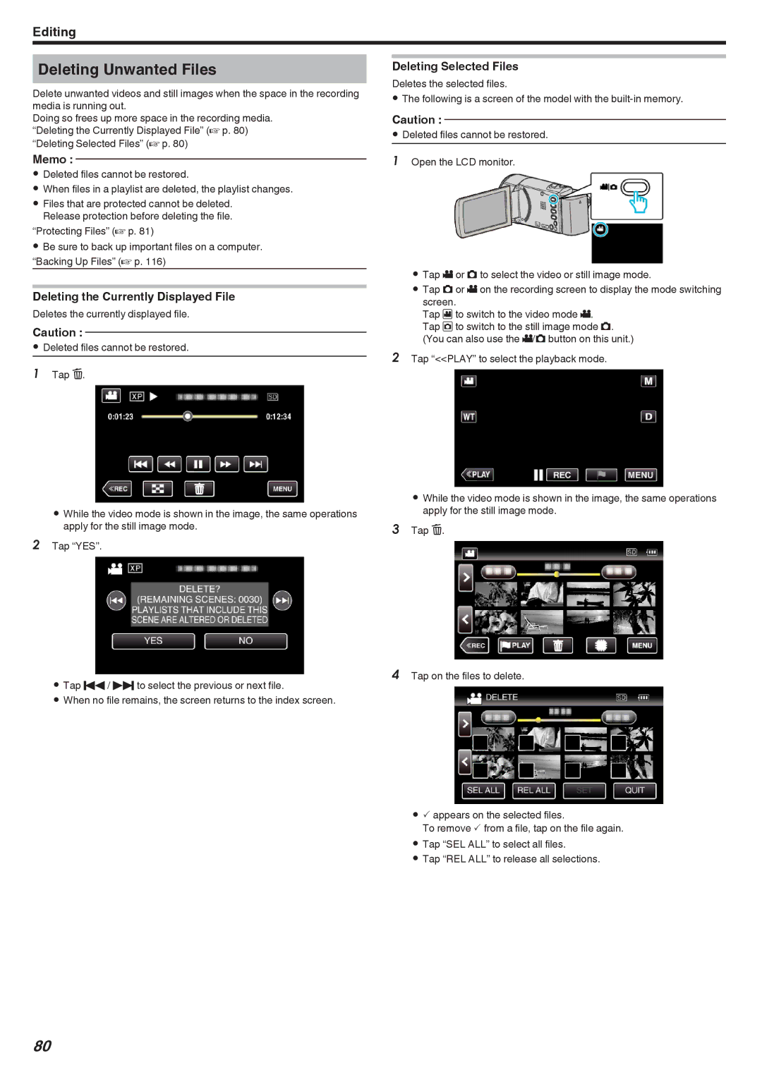 JVC GZ-E300, GZ-EX355, GZ-EX310 Deleting Unwanted Files, Deleting the Currently Displayed File, Deleting Selected Files 