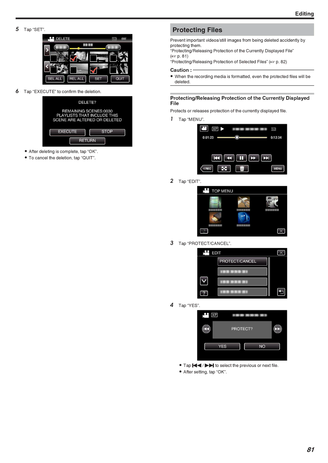 JVC GZ-EX355, GZ-EX310, GZ-E300 manual Protecting Files, Tap SET 