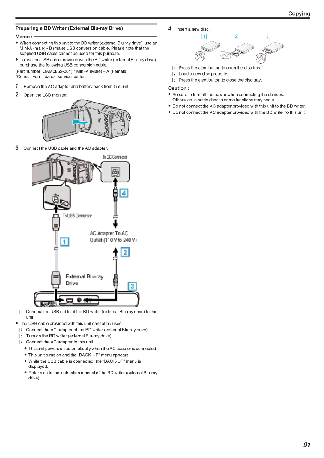 JVC GZ-EX310, GZ-EX355, GZ-E300 manual Preparing a BD Writer External Blu-ray Drive Memo 