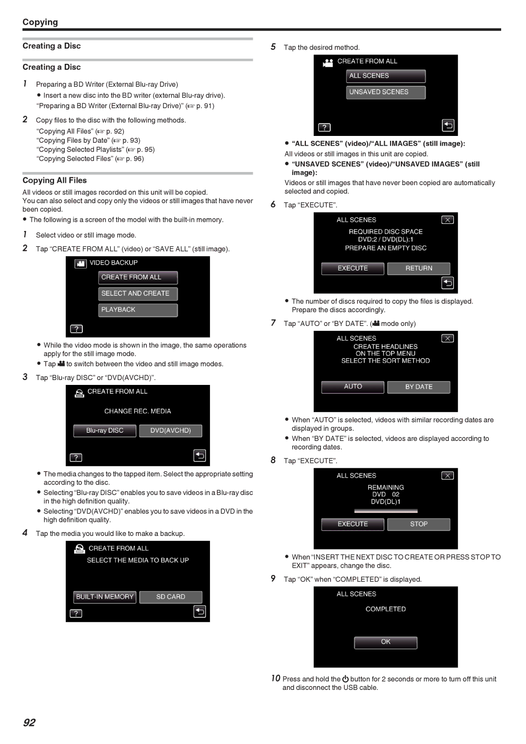 JVC GZ-E300, GZ-EX355, GZ-EX310 manual Creating a Disc, Copying All Files, Preparing a BD Writer External Blu-ray Drive 