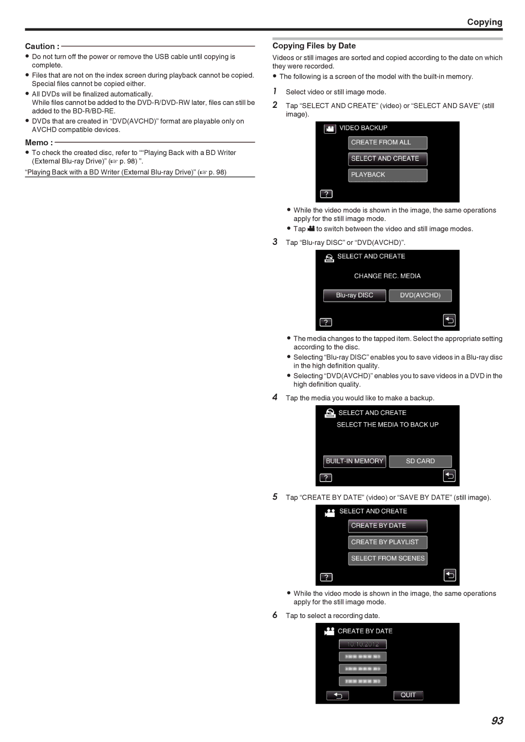 JVC GZ-EX355, GZ-EX310, GZ-E300 manual Memo, Copying Files by Date 