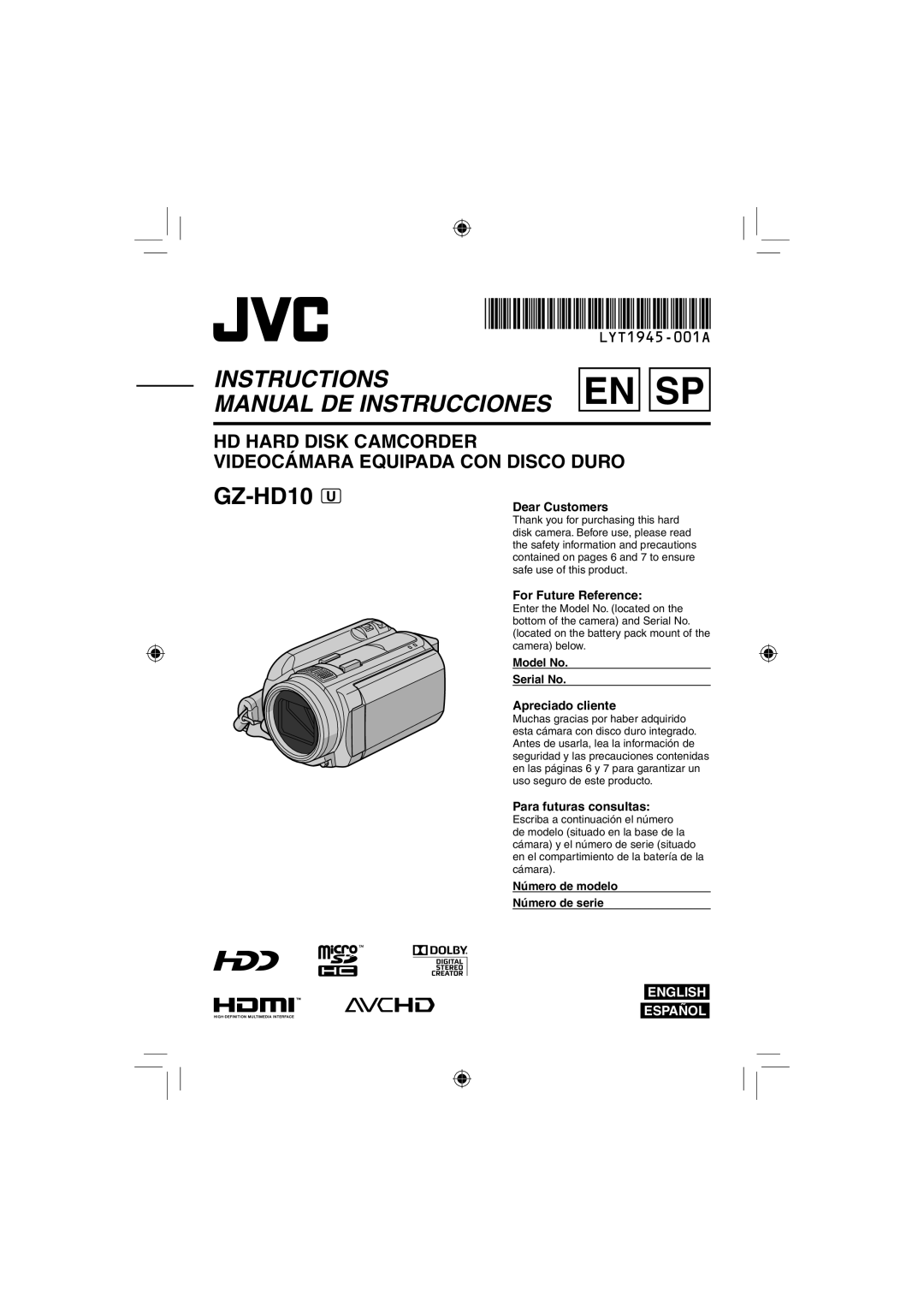 JVC GZ-HD10 manual Dear Customers, For Future Reference, Apreciado cliente, Para futuras consultas 