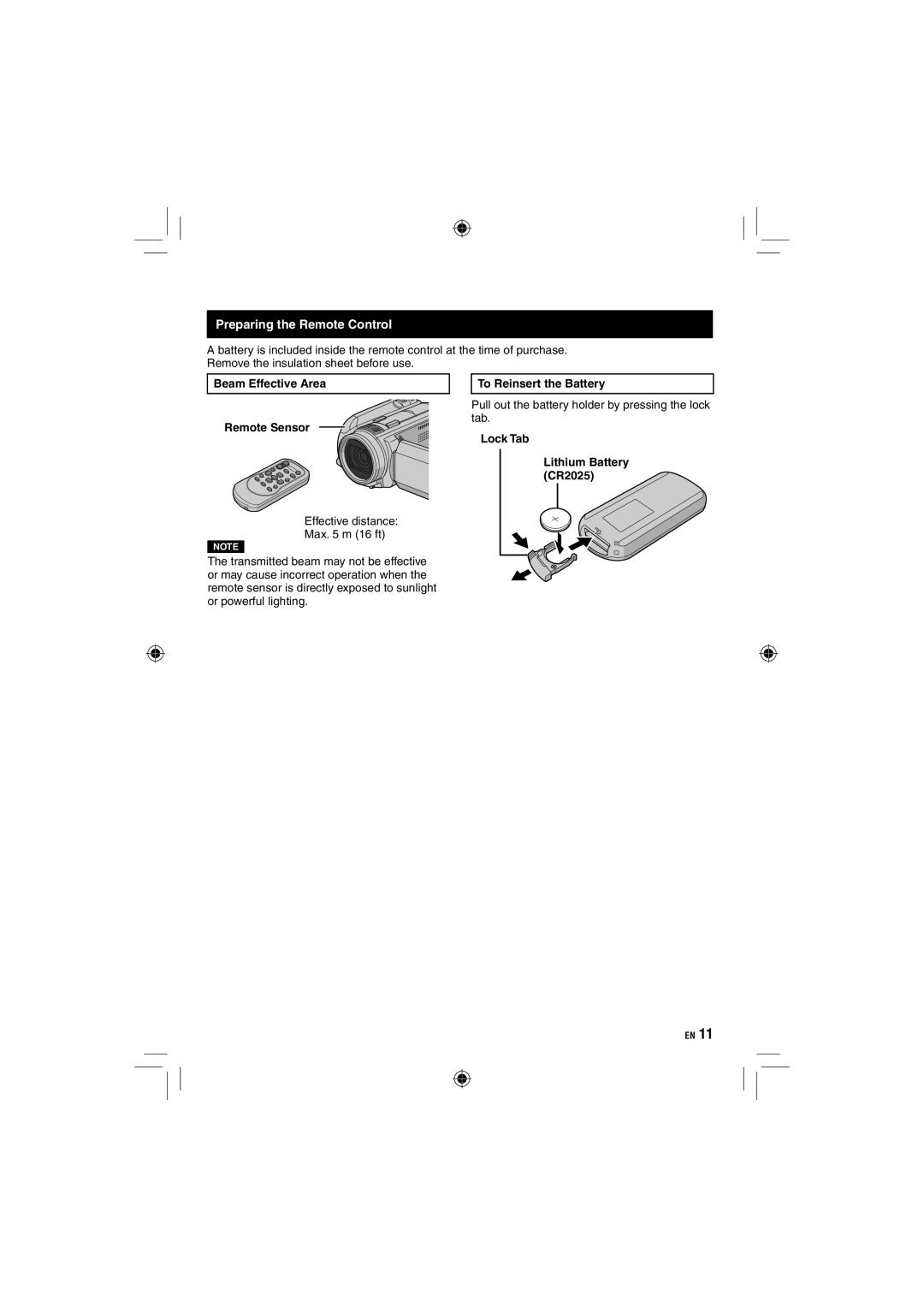 JVC GZ-HD10 manual Preparing the Remote Control, Beam Effective Area To Reinsert the Battery 